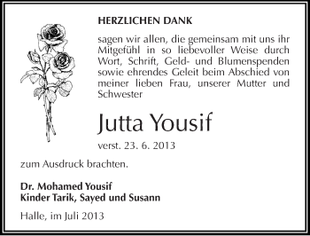 Traueranzeige von Jutta Yousif von Mitteldeutsche Zeitung Halle/Saalkreis