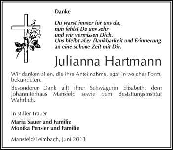 Traueranzeige von Julianna Hartmann von Mitteldeutsche Zeitung Mansfelder Land