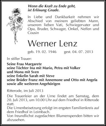 Traueranzeige von Werner Lenz von Mitteldeutsche Zeitung Mansfelder Land