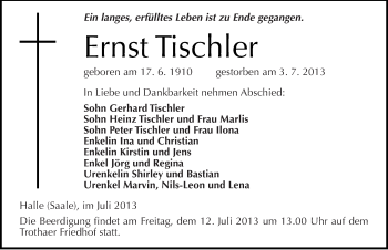 Traueranzeige von Ernst Tischler von Mitteldeutsche Zeitung Halle/Saalkreis