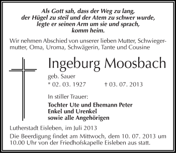 Traueranzeige von Ingeburg Moosbach von Mitteldeutsche Zeitung Mansfelder Land