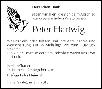 Traueranzeige von Peter Hartwig von Mitteldeutsche Zeitung Halle/Saalkreis