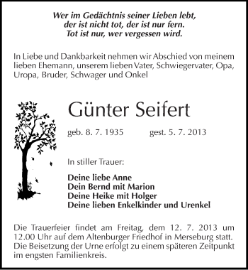 Traueranzeige von Günter Seifert von Mitteldeutsche Zeitung Merseburg/Querfurt