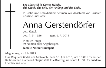 Traueranzeige von Anna Gerstendörfer von Mitteldeutsche Zeitung Köthen