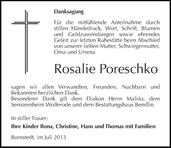 Traueranzeige von Rosalie Poreschko von Mitteldeutsche Zeitung Mansfelder Land