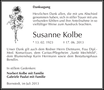 Traueranzeige von Susanne Kolbe von Mitteldeutsche Zeitung Mansfelder Land