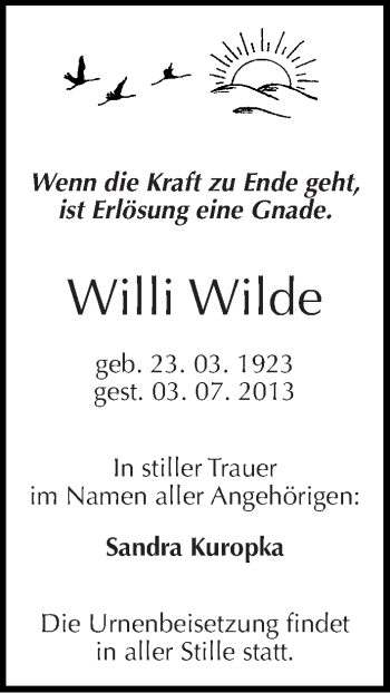 Traueranzeige von Willi Wilde von Mitteldeutsche Zeitung Halle/Saalkreis