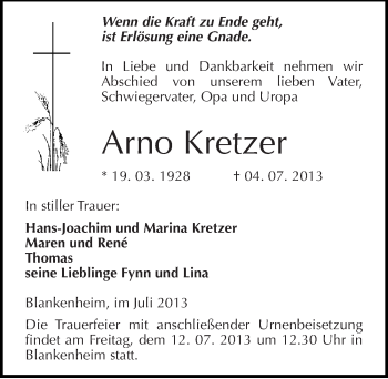 Traueranzeige von Arno Kretzer von Mitteldeutsche Zeitung Sangerhausen