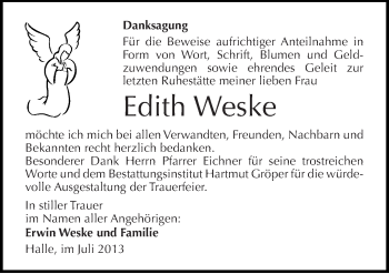 Traueranzeige von Edith Weske von Mitteldeutsche Zeitung Halle/Saalkreis