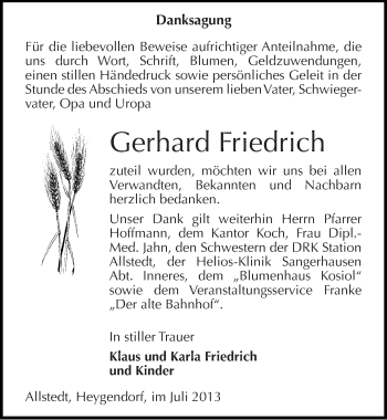 Traueranzeige von Gerhard Friedrich von Mitteldeutsche Zeitung Sangerhausen