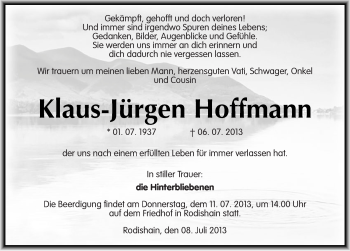 Traueranzeige von Klaus-Jürgen Hoffmann von Mitteldeutsche Zeitung Sangerhausen