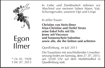 Traueranzeige von Egon Ilmer von Mitteldeutsche Zeitung Quedlinburg