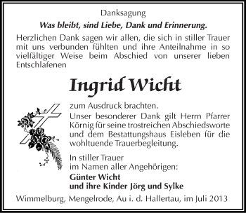 Traueranzeige von Ingrid Wicht von Mitteldeutsche Zeitung Mansfelder Land