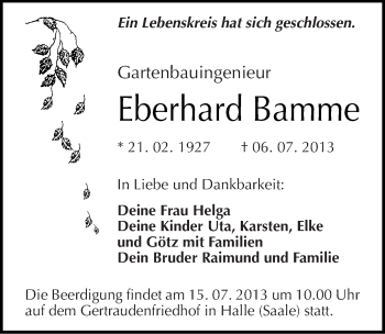Traueranzeige von Eberhard Bamme von Mitteldeutsche Zeitung Halle/Saalkreis