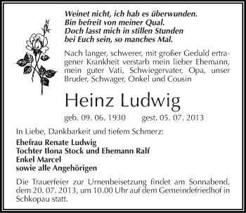 Traueranzeige von Heinz Ludwig von Mitteldeutsche Zeitung Merseburg/Querfurt