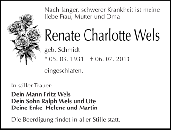 Traueranzeige von Renate Charlotte Wels von Mitteldeutsche Zeitung Halle/Saalkreis
