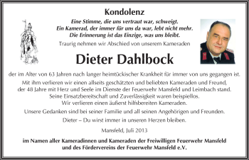 Traueranzeige von Dieter Dahlbock von Mitteldeutsche Zeitung Mansfelder Land