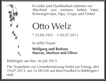 Traueranzeige von Otto Welz von Mitteldeutsche Zeitung Mansfelder Land