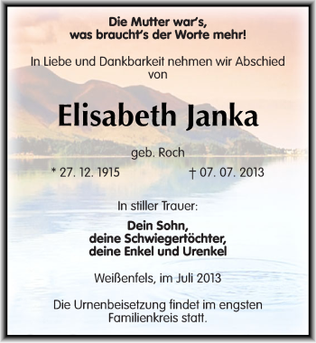Traueranzeige von Elisabeth Janka von Mitteldeutsche Zeitung Weißenfels