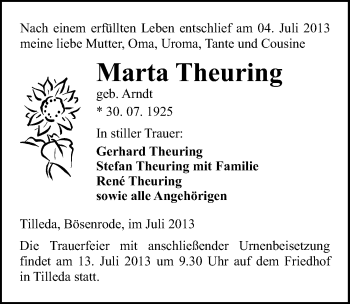 Traueranzeige von Marta Theuring von Mitteldeutsche Zeitung Sangerhausen