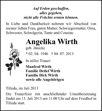 Traueranzeige von Angelika Wirth von Mitteldeutsche Zeitung Sangerhausen