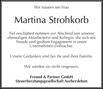 Traueranzeige von Martina Strohkorb von Mitteldeutsche Zeitung Aschersleben