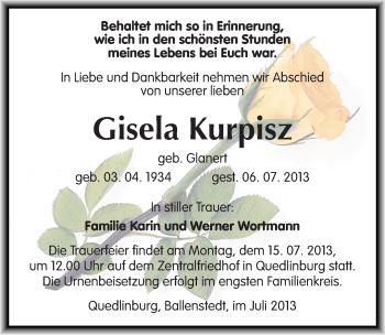 Traueranzeige von Gisela Kurpisz von Mitteldeutsche Zeitung Quedlinburg