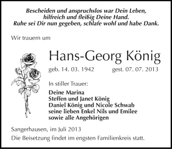 Traueranzeige von Hans-Georg König von Mitteldeutsche Zeitung Sangerhausen