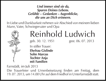 Traueranzeige von Reinhold Ludwich von Mitteldeutsche Zeitung Merseburg/Querfurt
