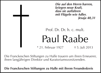 Traueranzeige von Paul Raabe von Mitteldeutsche Zeitung Halle/Saalkreis