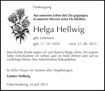Traueranzeige von Helga Hellwig von Mitteldeutsche Zeitung Köthen