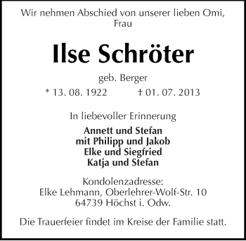 Traueranzeige von Ilse Schröter von Mitteldeutsche Zeitung Zeitz