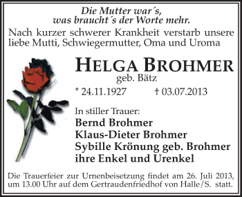 Traueranzeige von Helga Brohmer von Mitteldeutsche Zeitung Halle/Saalkreis