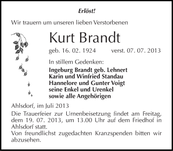 Traueranzeige von Kurt Brandt von Mitteldeutsche Zeitung Mansfelder Land