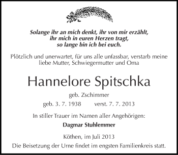 Traueranzeige von Hannelore Spitschka von Mitteldeutsche Zeitung Köthen