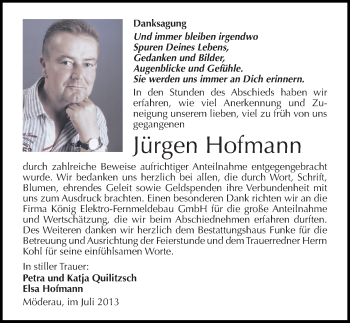 Traueranzeige von Jürgen Hofmann von Mitteldeutsche Zeitung Halle/Saalkreis