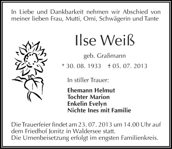 Traueranzeige von Ilse Weiß von Mitteldeutsche Zeitung Dessau-Roßlau