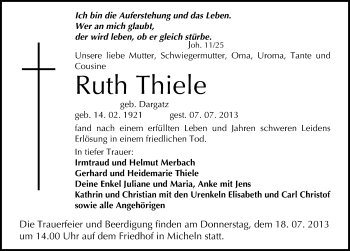 Traueranzeige von Ruth Thiele von Mitteldeutsche Zeitung Köthen
