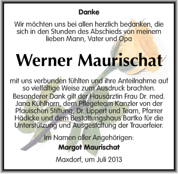 Traueranzeige von Werner Maurischat von Mitteldeutsche Zeitung Köthen