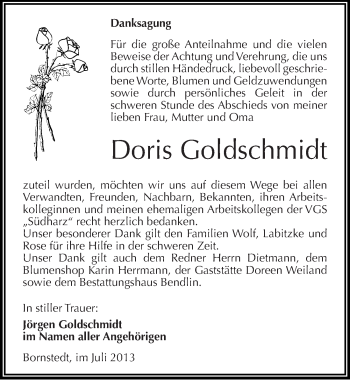 Traueranzeige von Doris Goldschmidt von Mitteldeutsche Zeitung Mansfelder Land