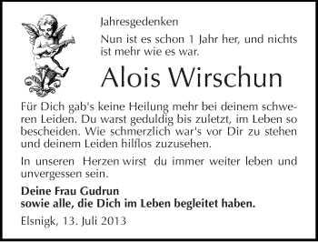 Traueranzeige von Alois Wirschun von Mitteldeutsche Zeitung Köthen