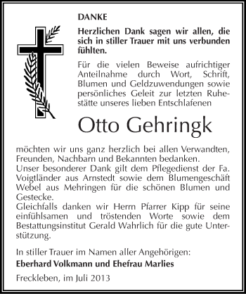 Traueranzeige von Otto Gehringk von Mitteldeutsche Zeitung Aschersleben