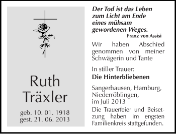 Traueranzeige von Ruth Träxler von Mitteldeutsche Zeitung Sangerhausen