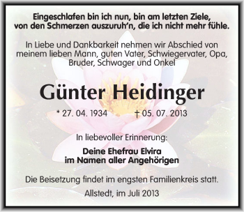 Traueranzeige von Günter Heidinger von Mitteldeutsche Zeitung Sangerhausen