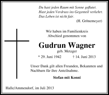 Traueranzeige von Gudrun Wagner von Mitteldeutsche Zeitung Halle/Saalkreis
