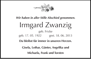 Traueranzeige von Irmgard Zwanzig von Mitteldeutsche Zeitung Halle/Saalkreis