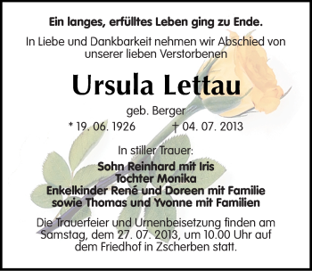Traueranzeige von Ursula Lettau von Mitteldeutsche Zeitung Halle/Saalkreis