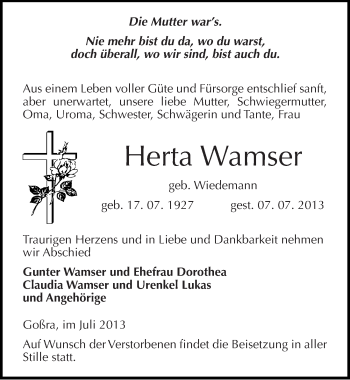 Traueranzeige von Herta Wamser von Mitteldeutsche Zeitung Zeitz