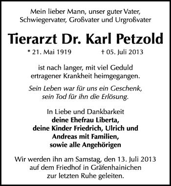 Traueranzeige von Karl Petzold von Mitteldeutsche Zeitung Wittenberg