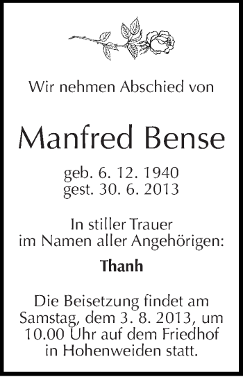 Traueranzeige von Manfred Bense von Mitteldeutsche Zeitung Halle/Saalkreis